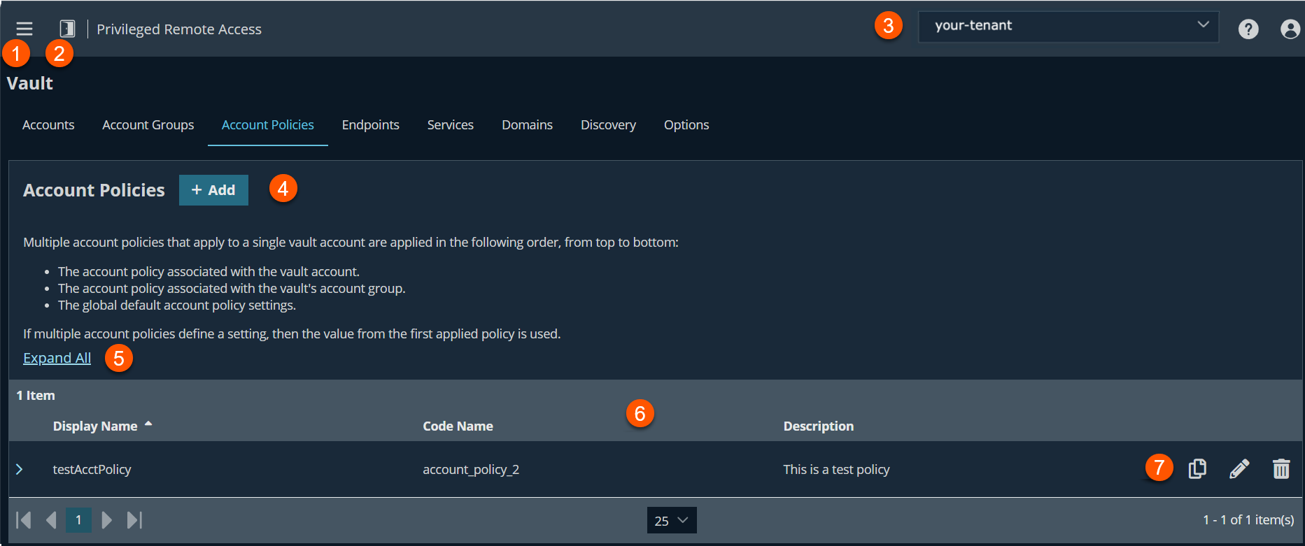 An image of the Vault interface showing the Account Policies section.