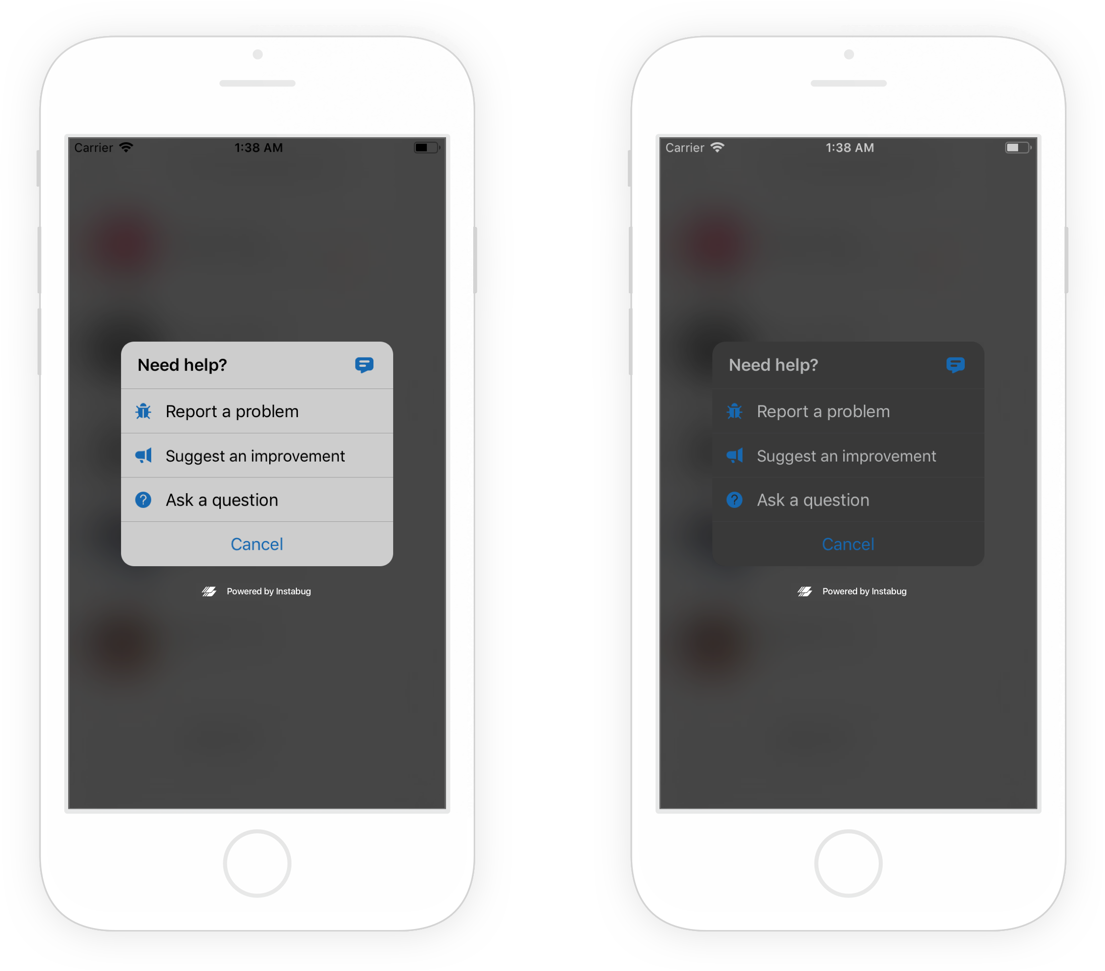 Examples of Instabug in light mode (left) and dark mode (right).