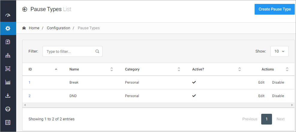 Screenshot of the **Configuration > Pause Types** page