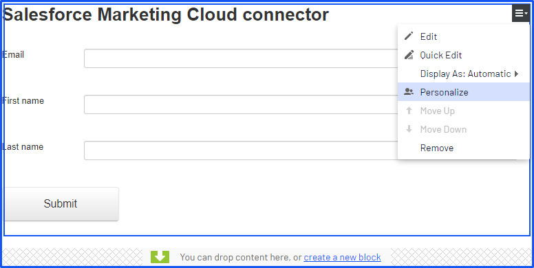 Screenshot of the Large content area dialog where selecting Personalize from the form context menu