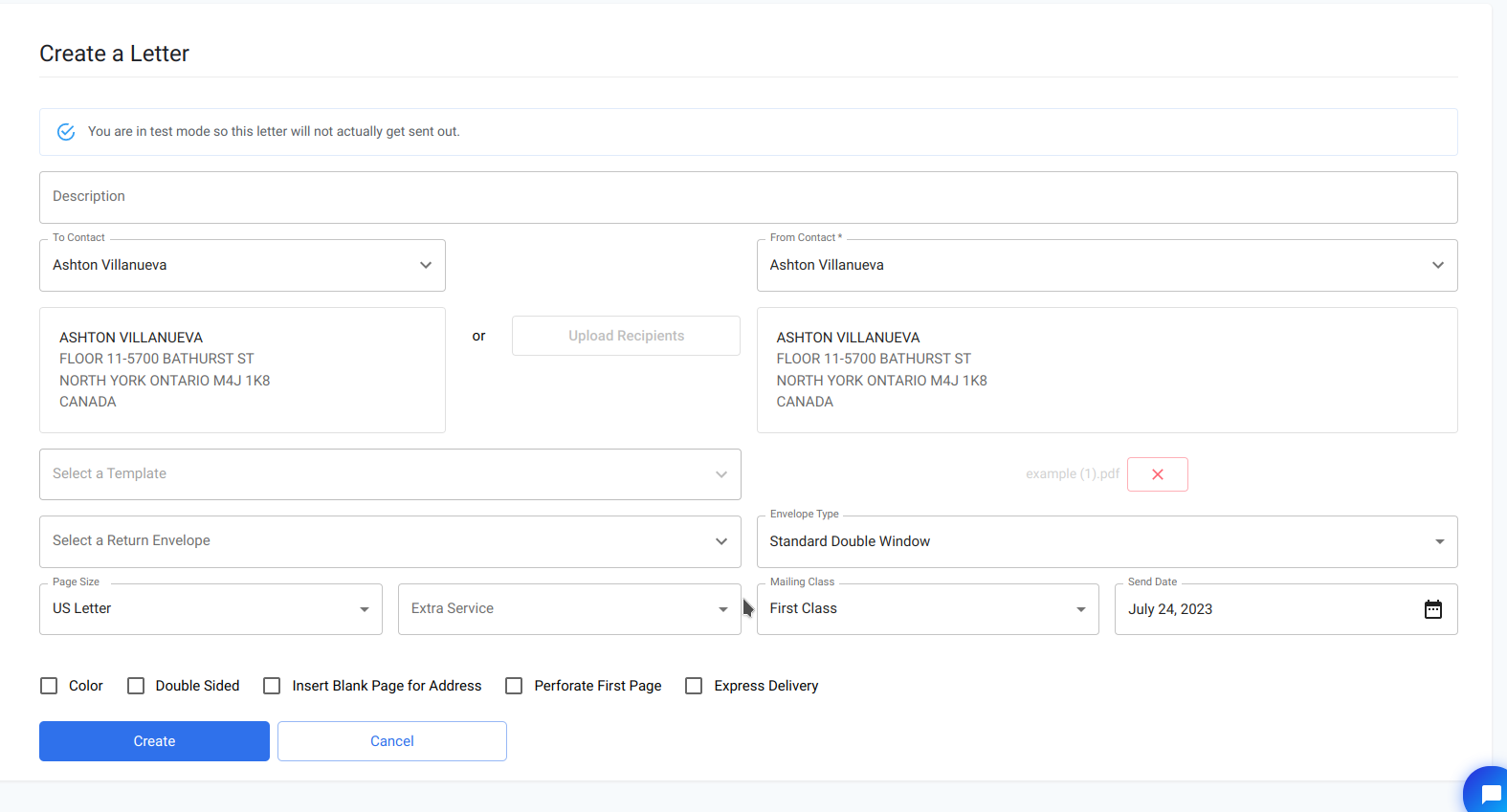 File being submitted to the PostGrid dashboard