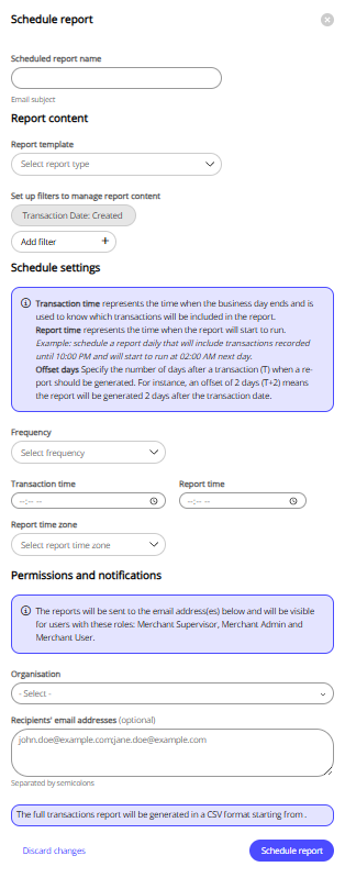 Report scheduler form that opens from the right side of the dashboard