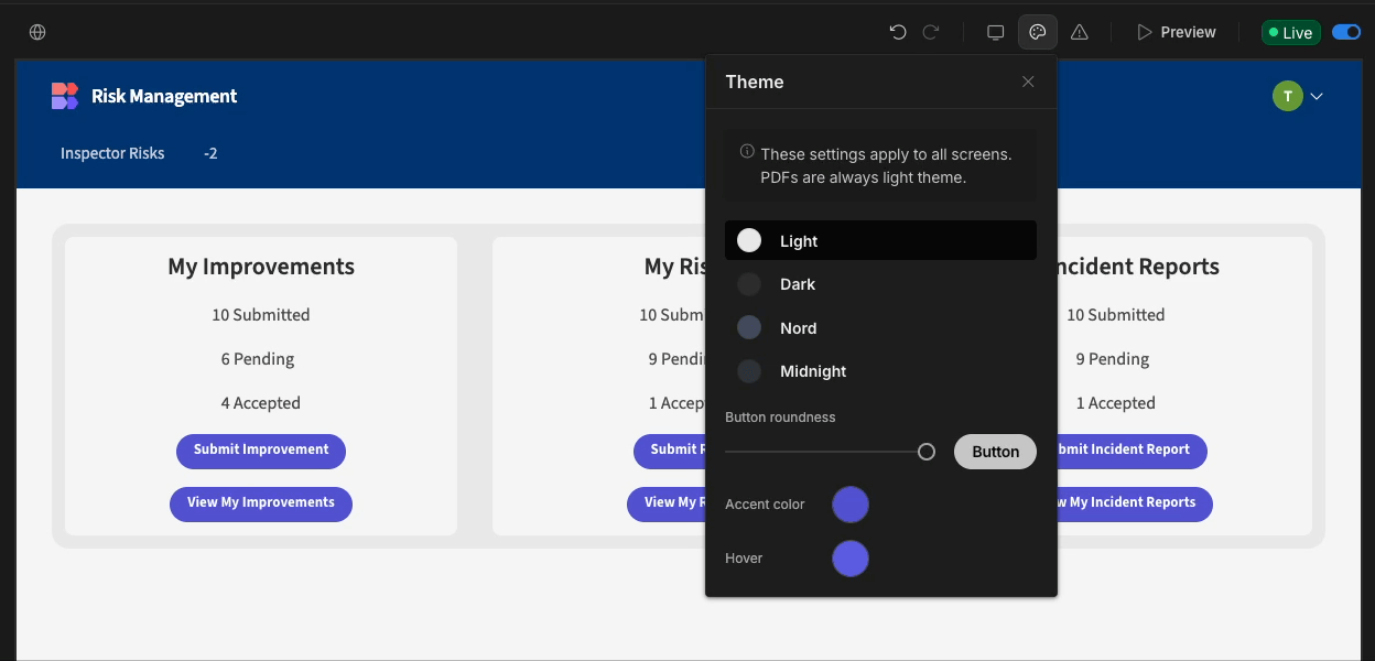 Click the paint brush to access the theme panel