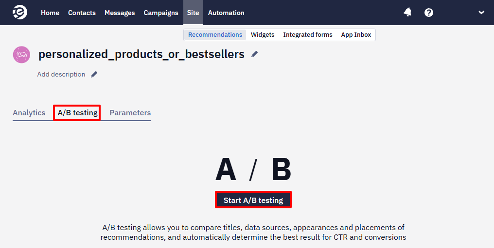 A/B testing tab with the Start A/B testing button highlighted