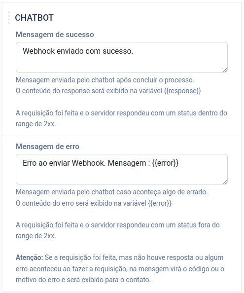 exemplo de configuração de mensagens pós disparo.