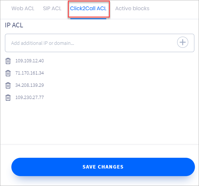 Screenshot of setting Click2Call ACL