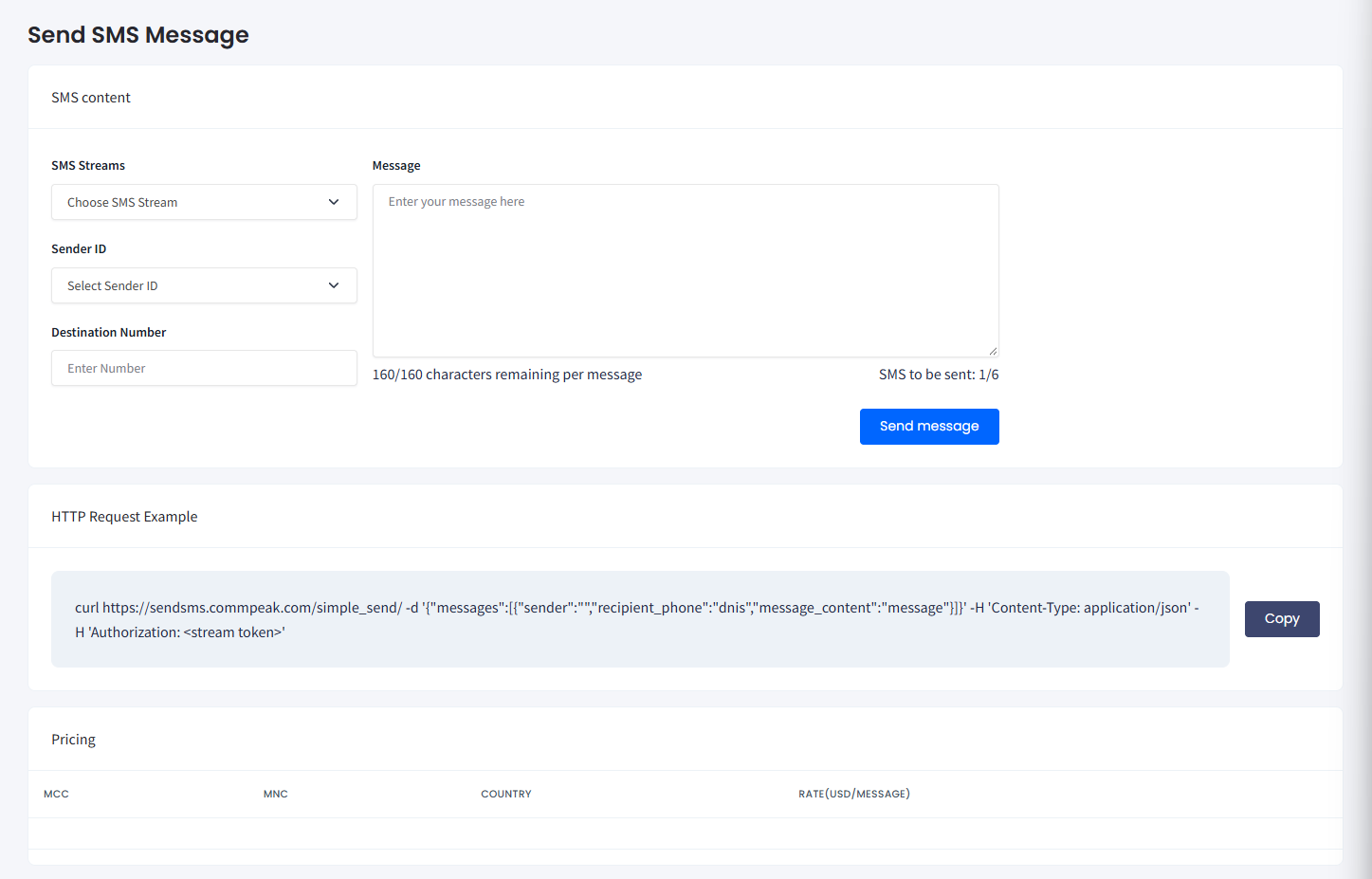 Screenshot of the Messaging > Send SMS Message page