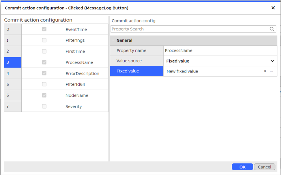 Configuring values for a created or updated class instance. In this example Message Log class is used. A fixed value is selected for property "ProcessName".