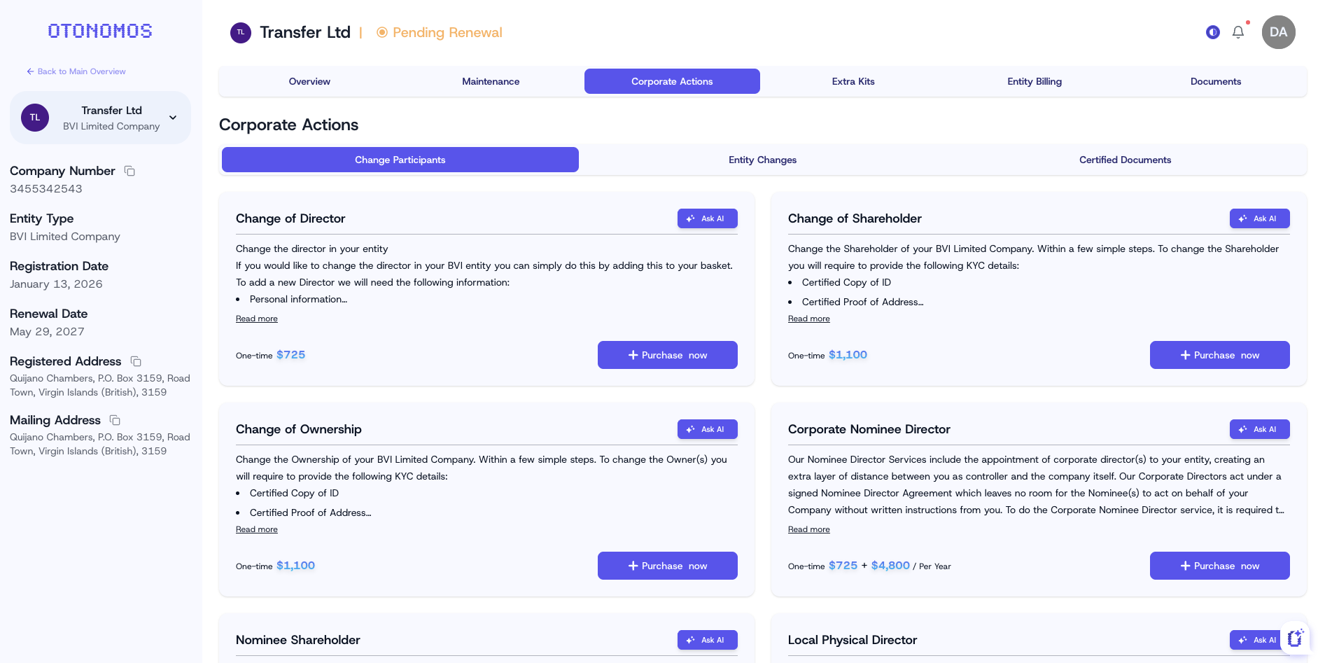 The Corporate Actions section lets you check out and initiate changes and or Extra Kit for your entity without any hassle.
