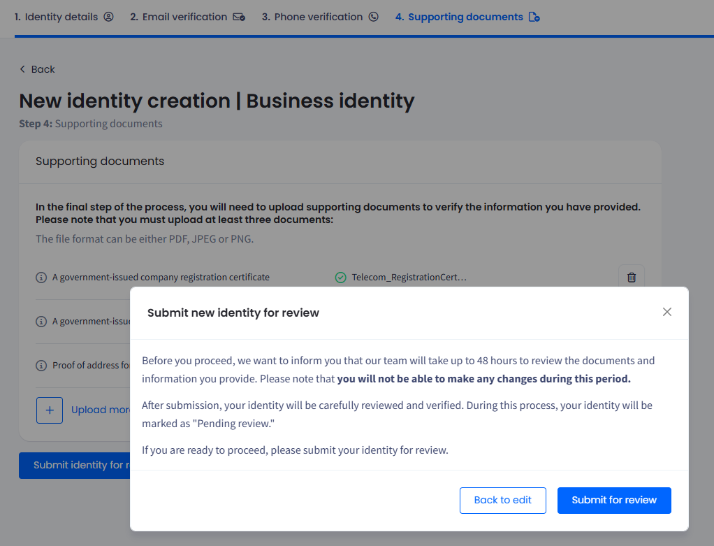 Screenshot with Submit New Identity for Review pop-up
