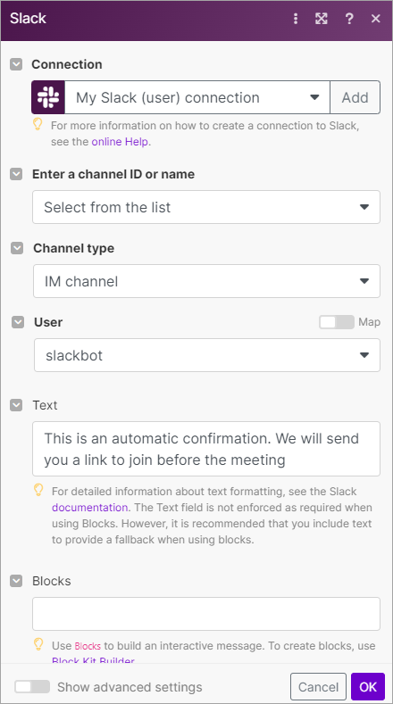 Screenshot of the screen with defining the connection with Slack