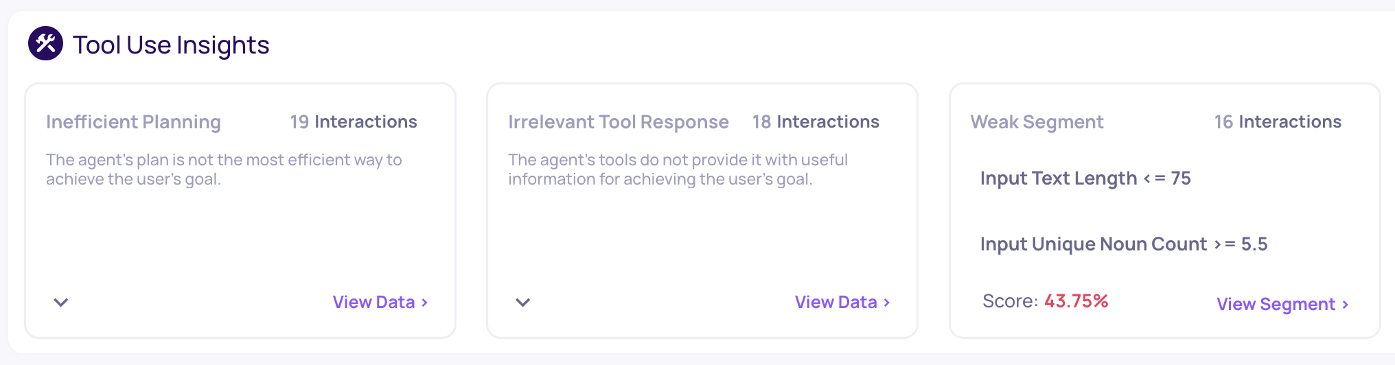Suggested Property Recommendations and Weak Segments for Tool Use interactions 