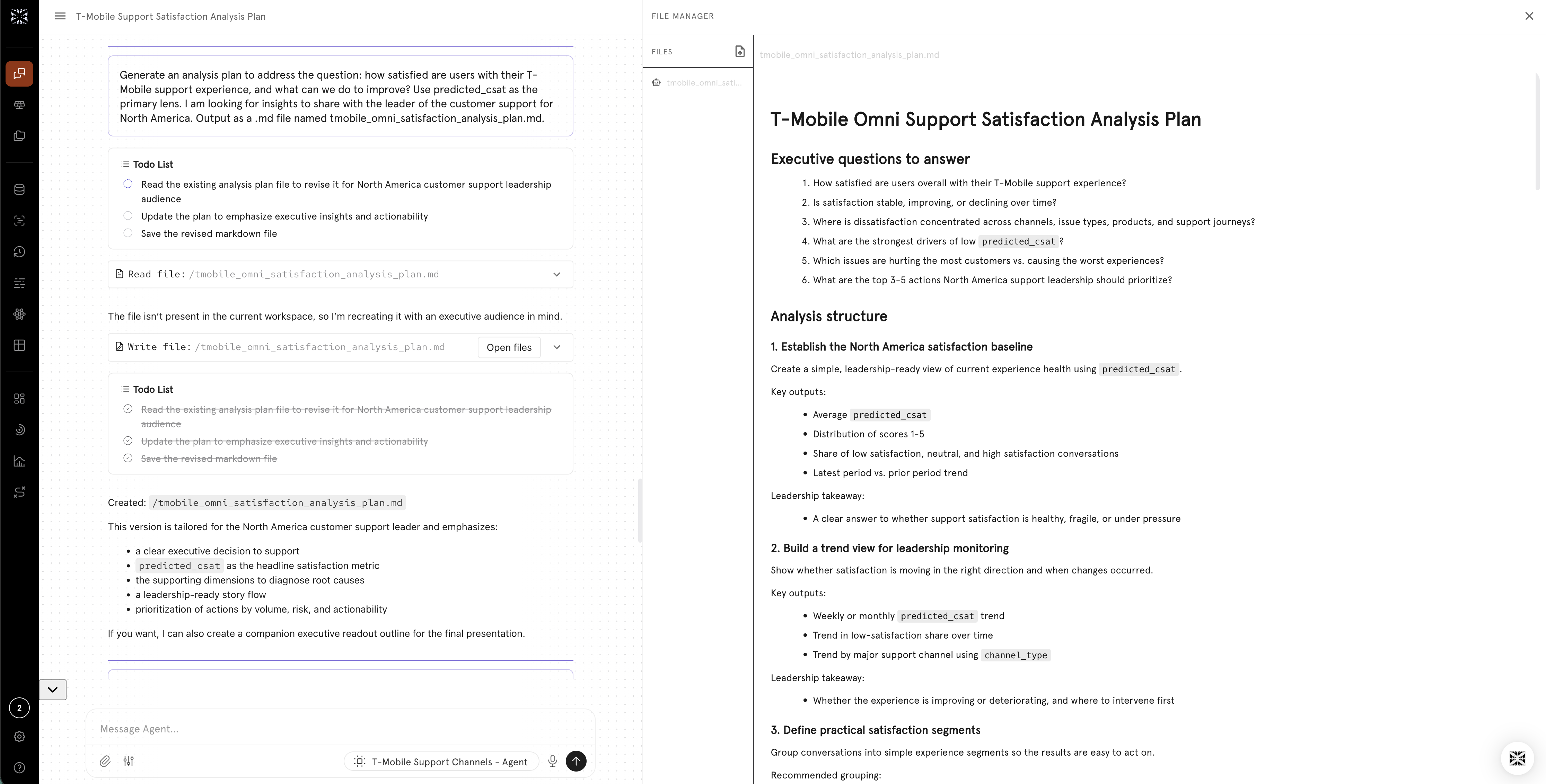 Generated analysis plan shown alongside the chat
