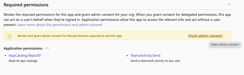 Grant admin consent for the required permissions in Teams App Admin