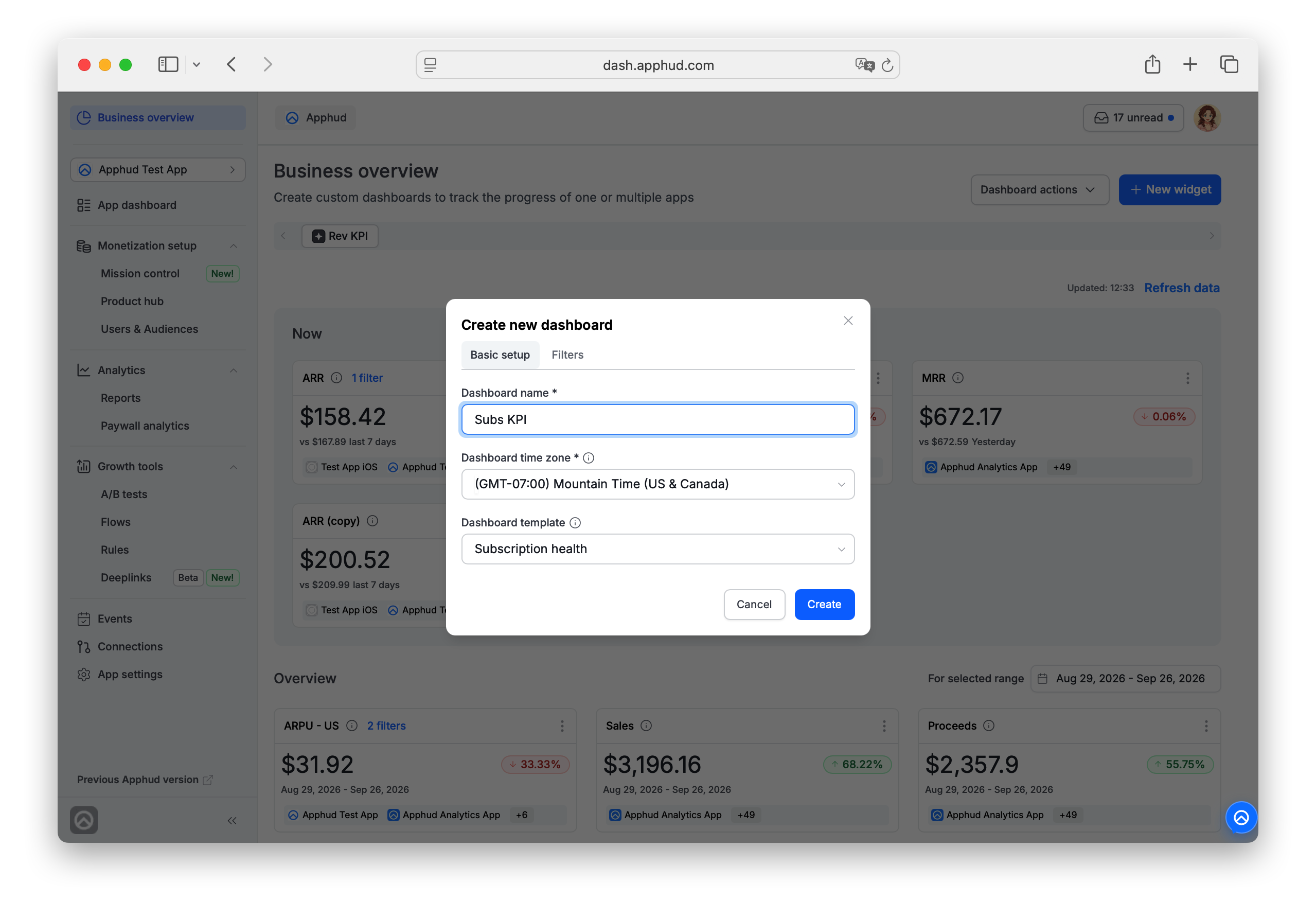 Apphud - Business Overview New Dashboard creation template selection