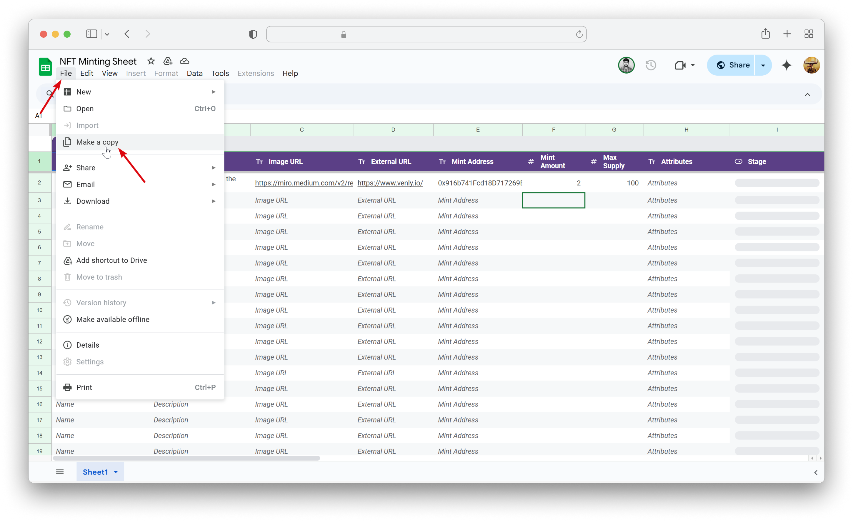 Make a copy of the NFT minting Sheet