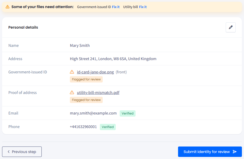 Screenshot of the Review and submit step with the Some of your files need attention banner and two documents flagged for review
