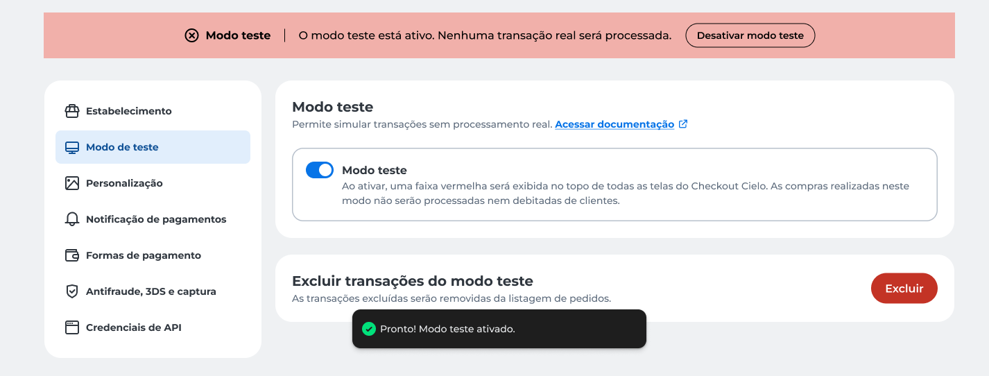Tela da página Modo Teste com opção para habilitar ou desabilitar e excluir transações de teste