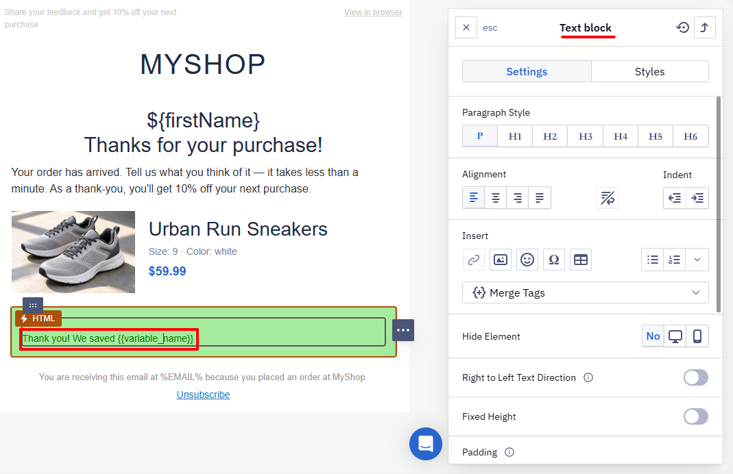 Editing the success message text in the email with the Text block settings open