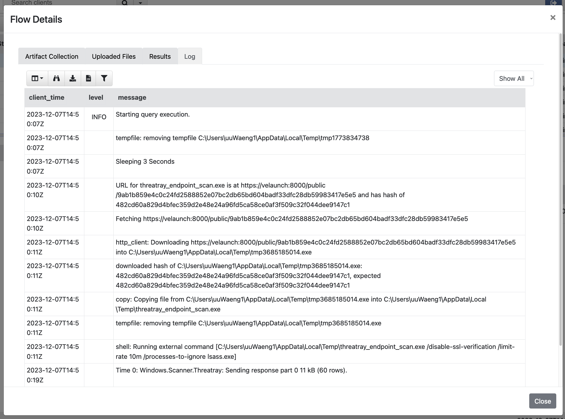 Flow logs of the hunt on the host `hh-test-1`.