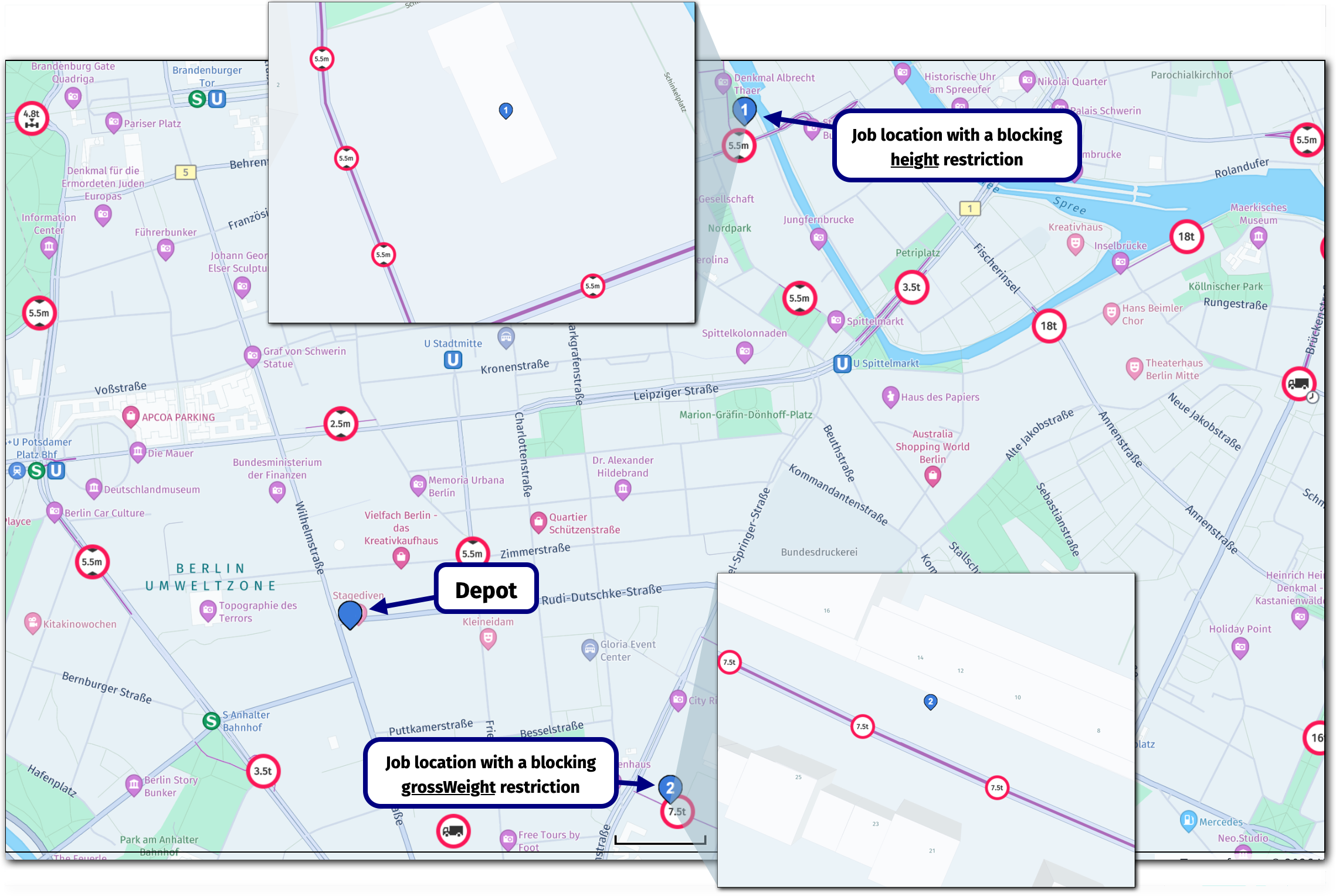A service area with two jobs blocked by different types of routing restrictions