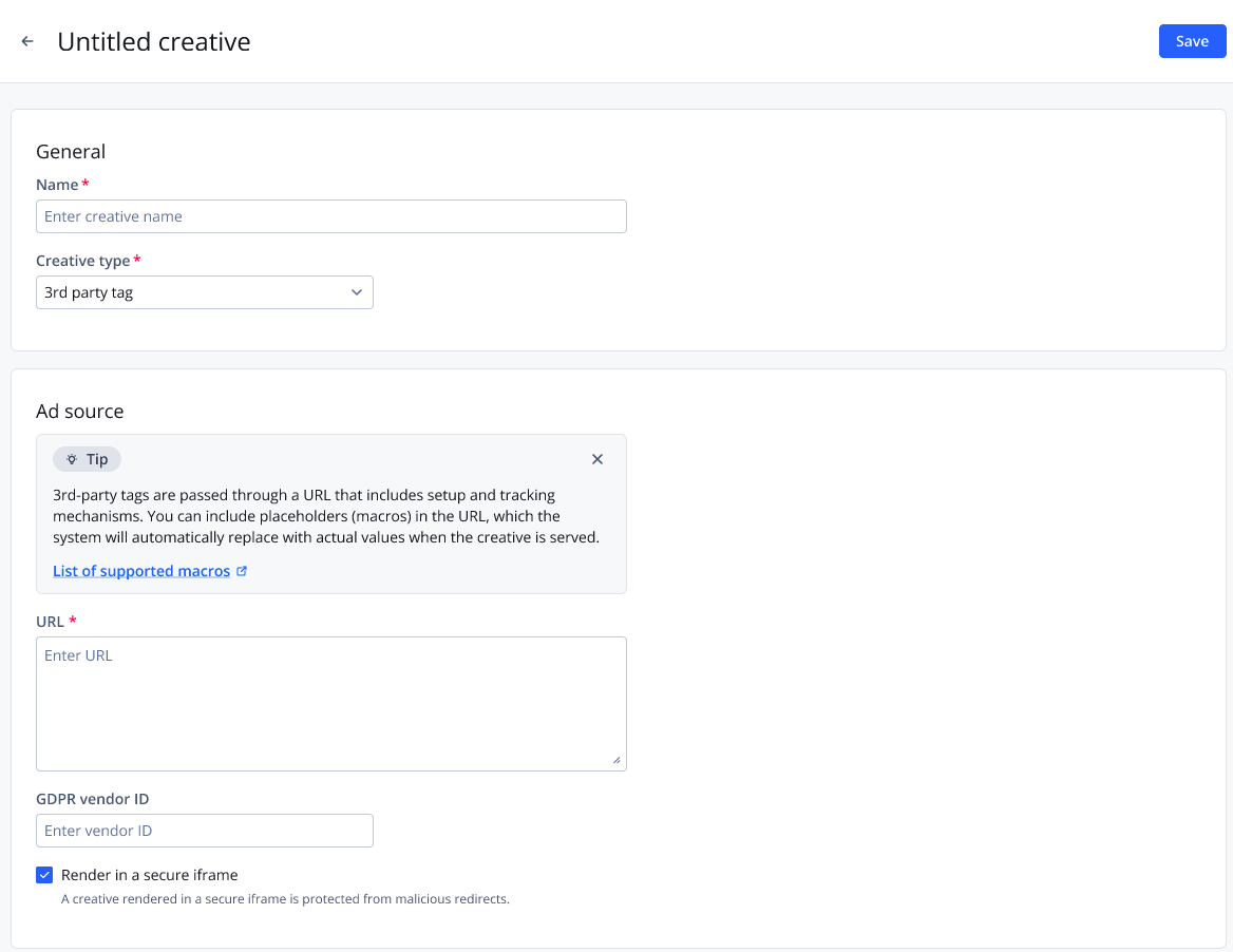 Creative settings page