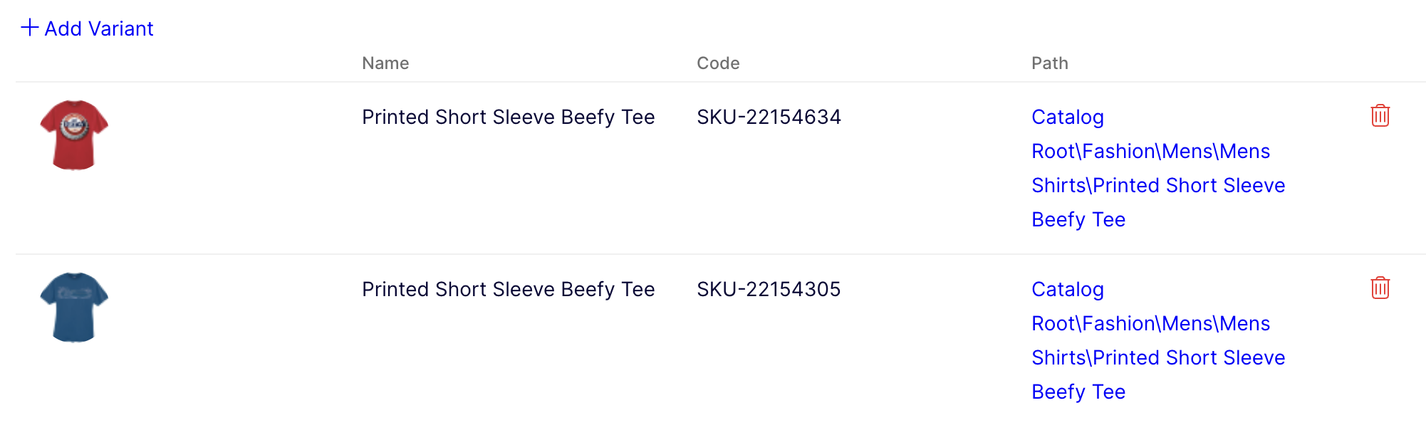 Screenshot of the Variants section of a product entry showing a variant named Printed Short Sleeve Beefy Tee with its SKU code and catalog path.