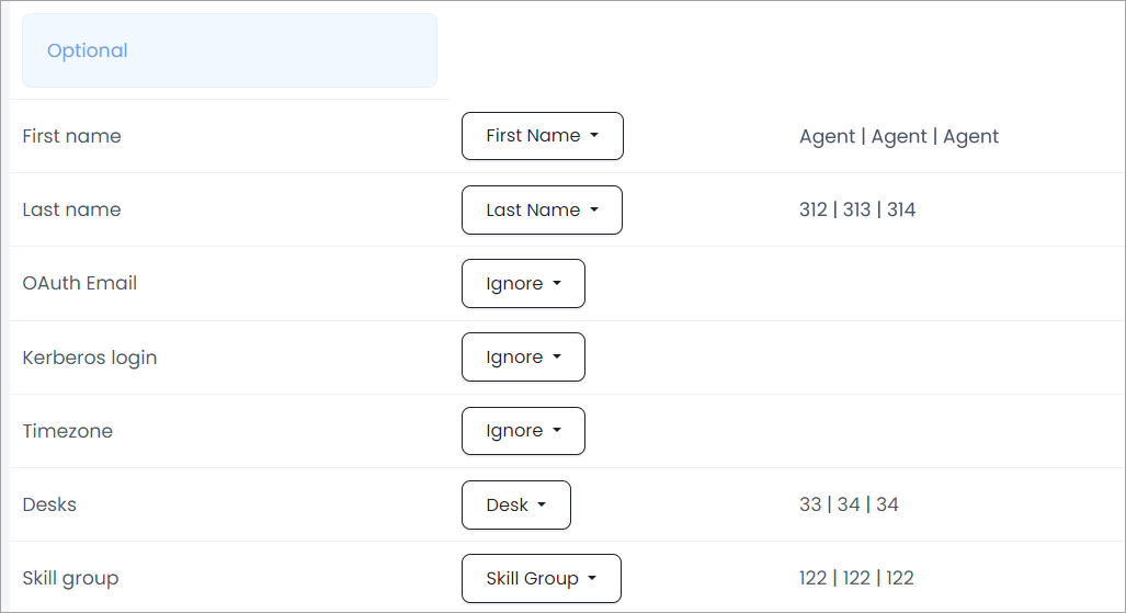 Screenshot of the mapping optional fields