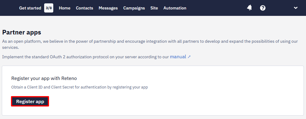 Partner apps page with the Register app button highlighted