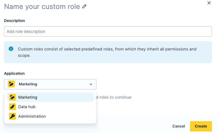 Create custom role form with fields for role name, description, application selection, and action buttons