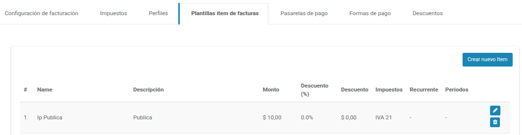 Plantillas ítem de facturas