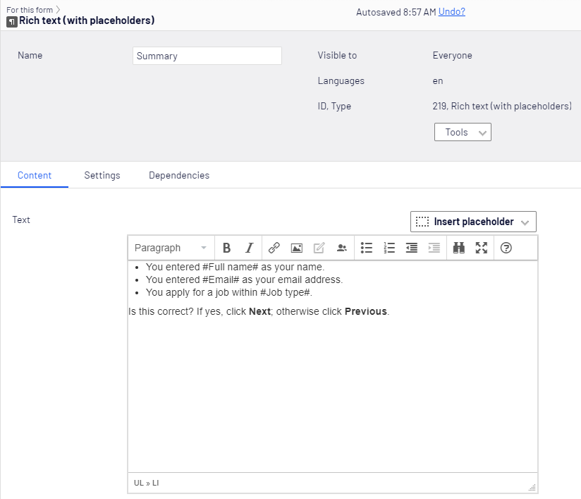 Screenshot of the Rich text element Settings tab with the Disable placeholders replacement option where editors control whether visitor data replaces placeholders