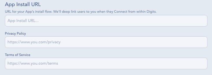 Keys → Production settings showing App Install URL, Privacy Policy, and Terms of Service fields in Digits Developer Dashboard.