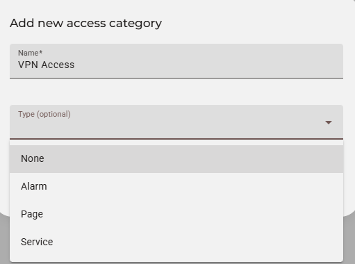 The type of access category is optional, but by selecting either Alarm, Page or Service you can decide what to grant access to. A detailed explanation can be found in this [support article](https://support.ixon.cloud/s/article/How-to-use-access-categories).