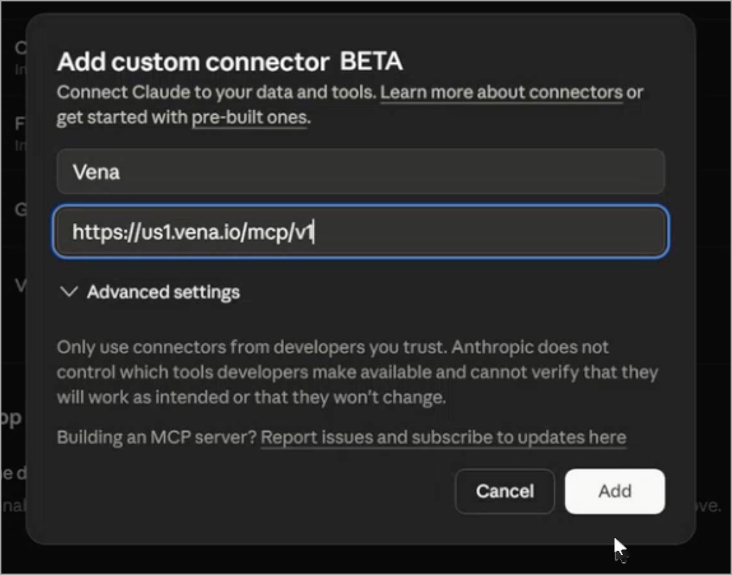 Enter the Vena MCP Server URL