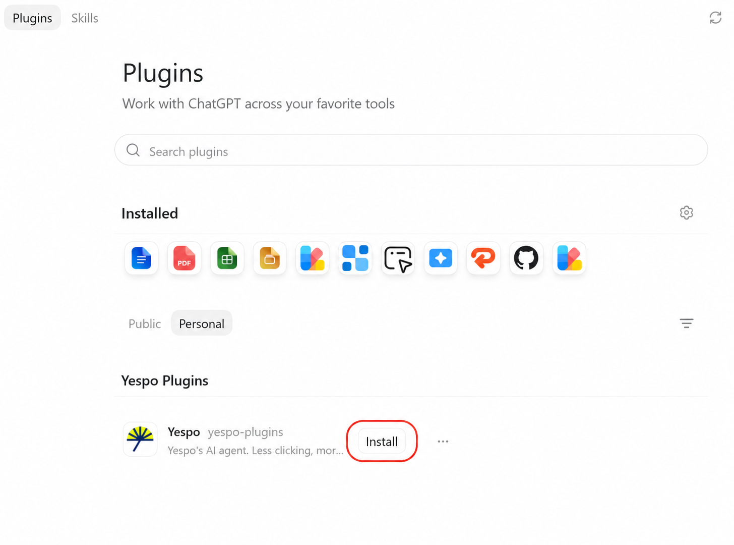 Yespo plugin in the Codex Personal tab