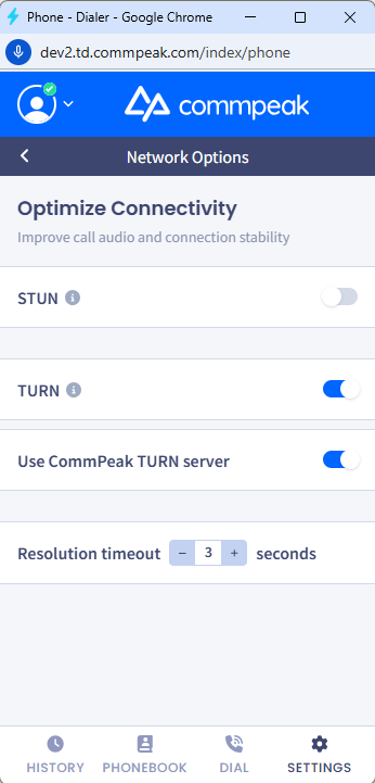 Screenshot of enabling TURN protocol setting using CommPeak servers