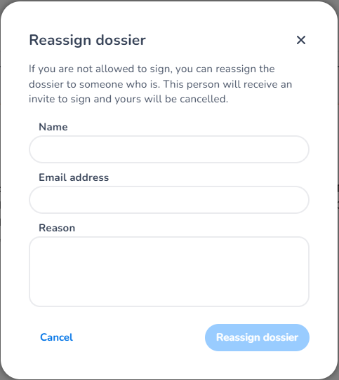 Reassign dossier popup