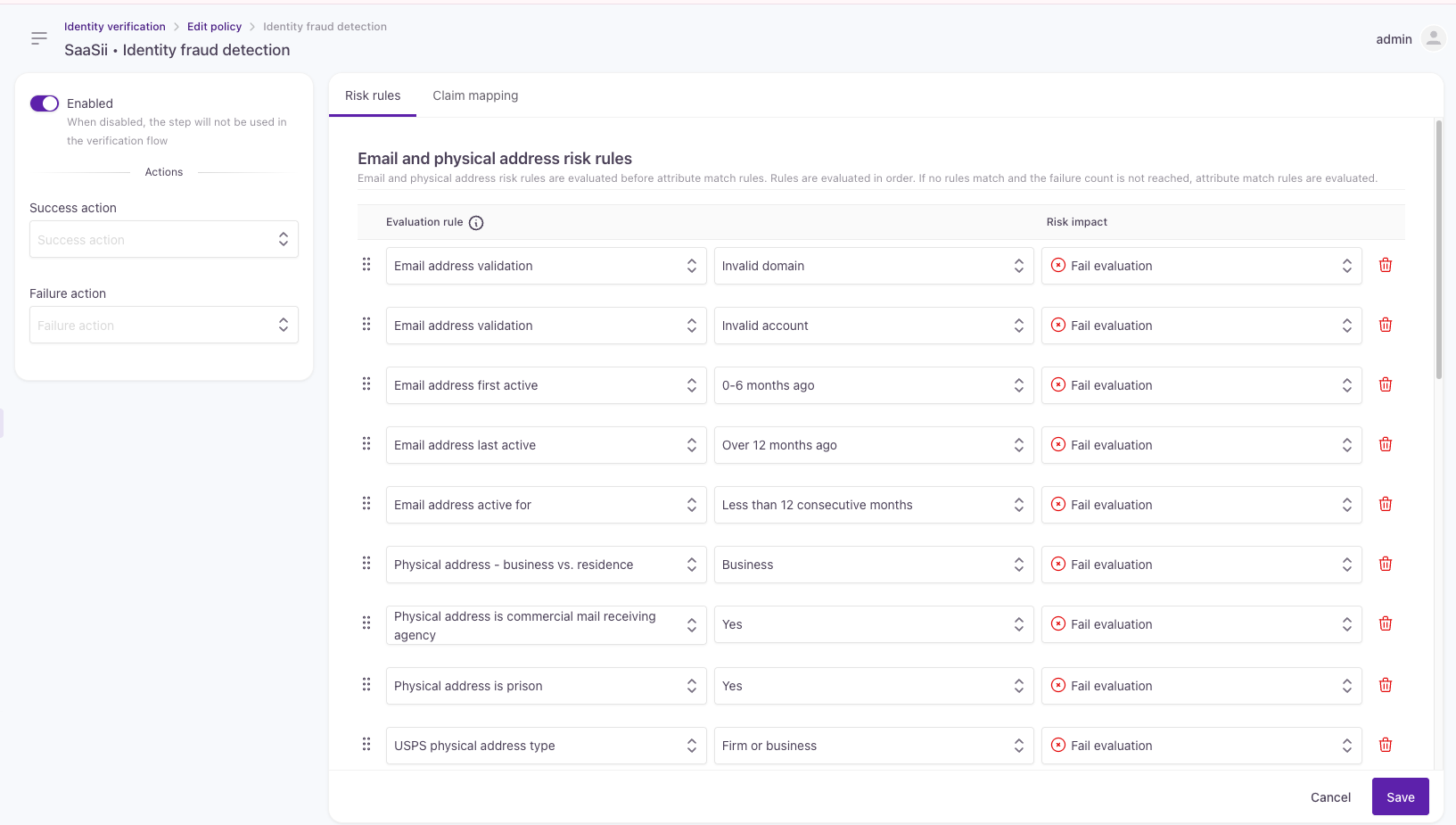 Email and physical address risk rule configuration