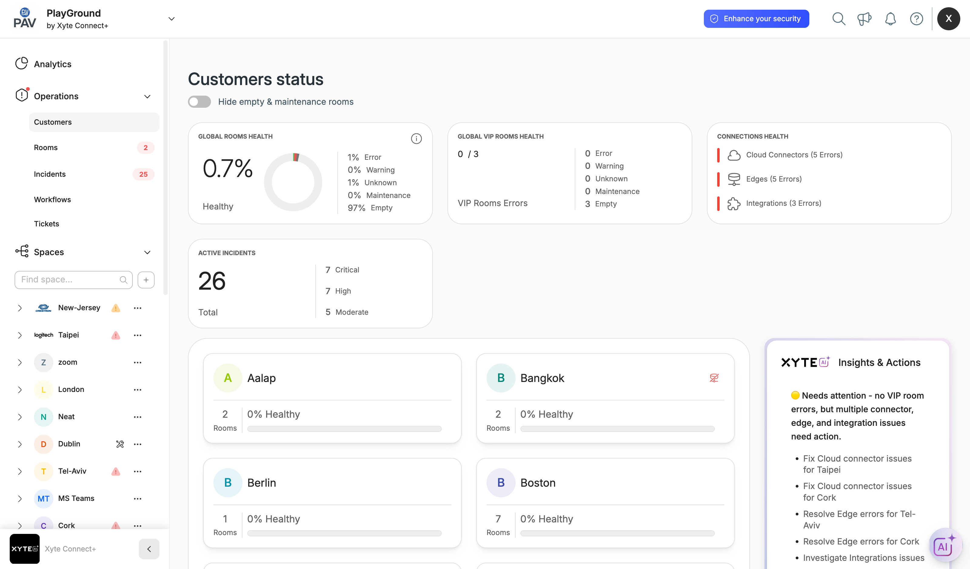 Customers status page showing the health rollups and per-customer cards.