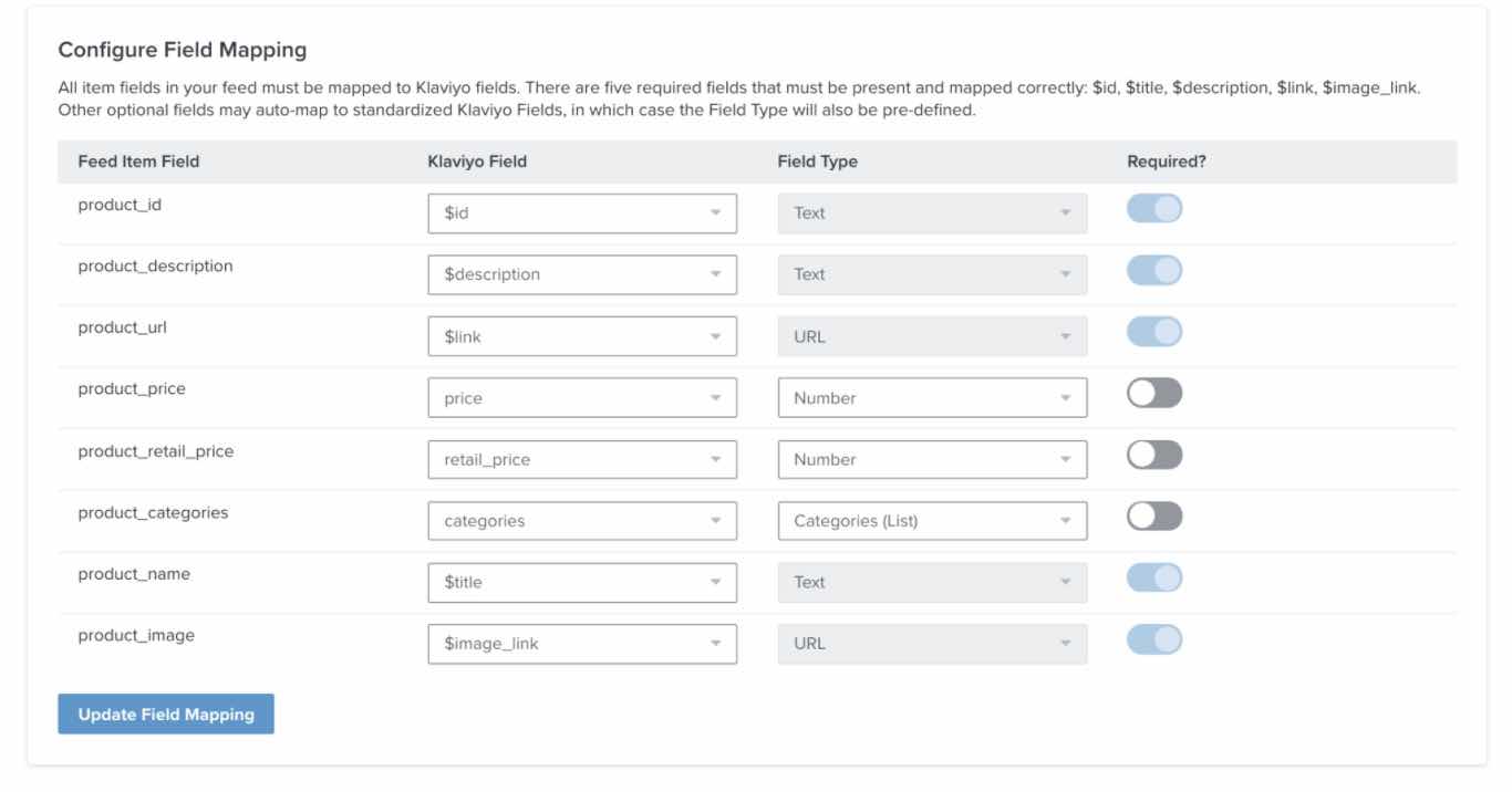 Configure field mapping page with field option forms and and Update Field Mapping button in blue in bottom left corner