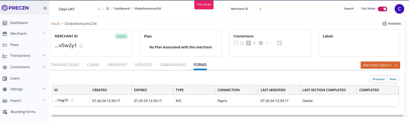 Forms associated with a merchant are now visible in the merchant details.