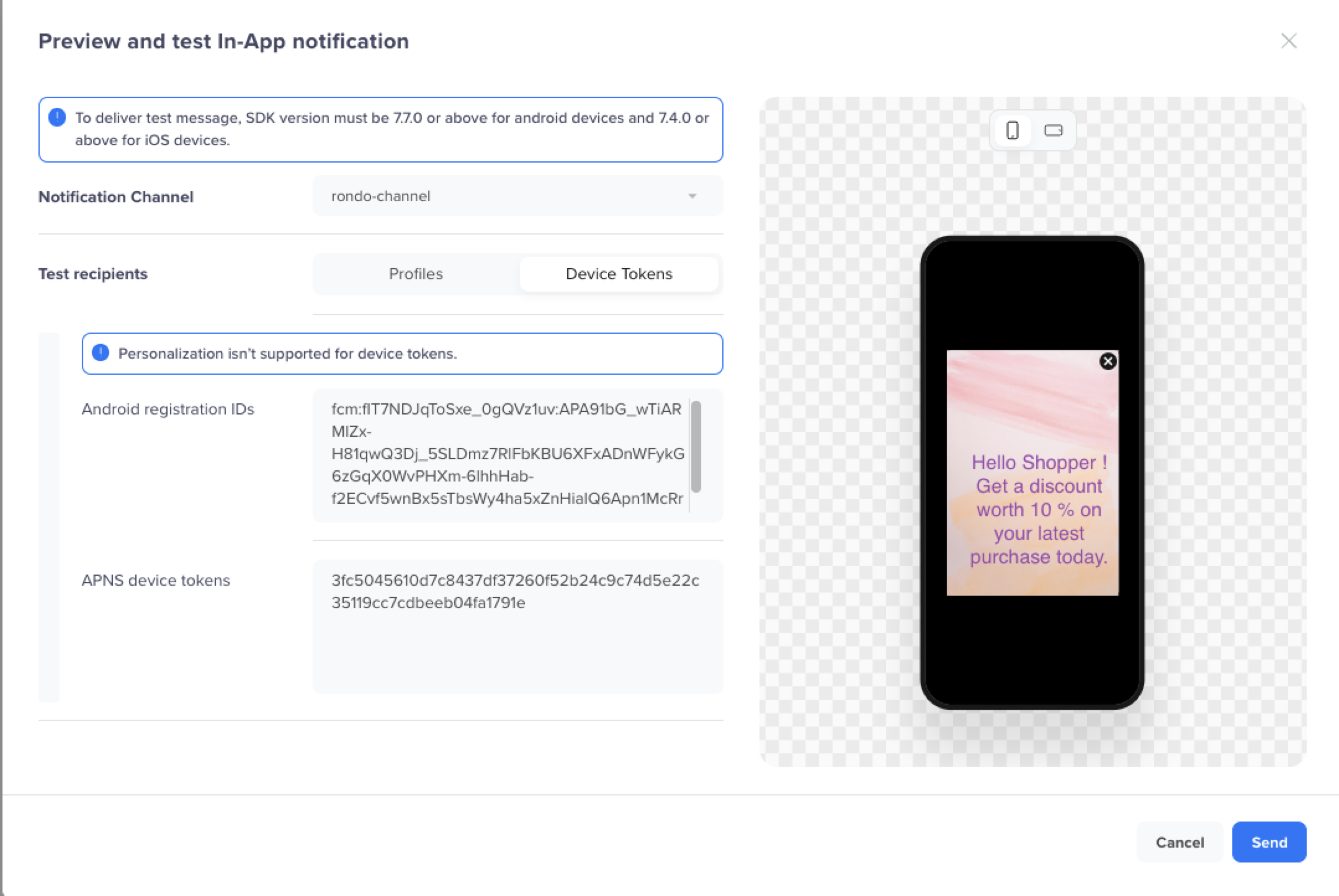 Test In-App by Device Tokens