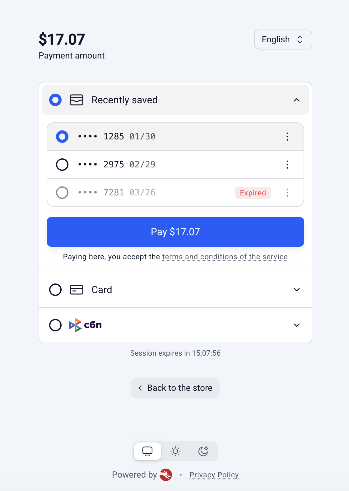 List of saved payment instruments