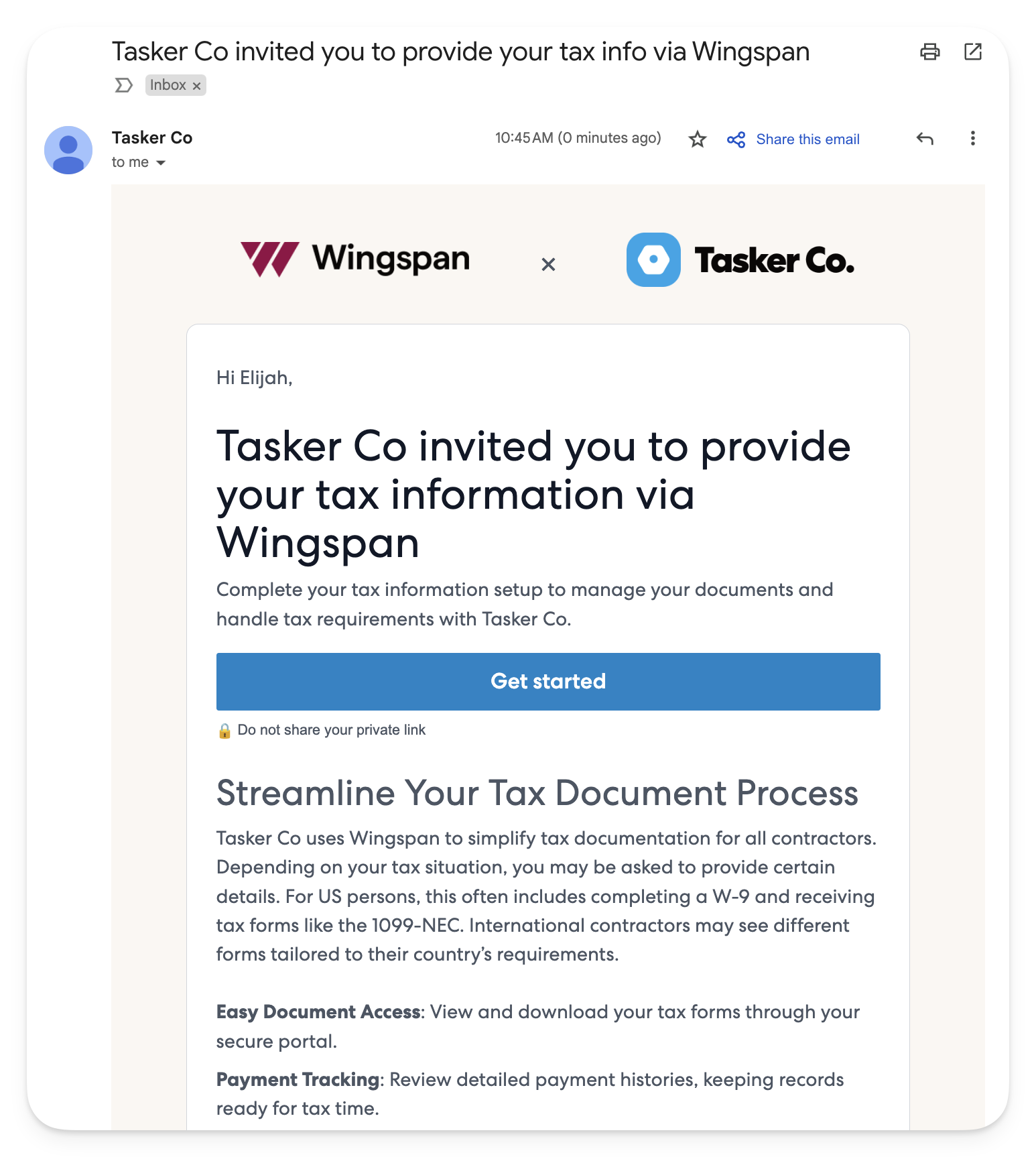 Invite email for contractors who have not yet provided their tax information via Wingspan