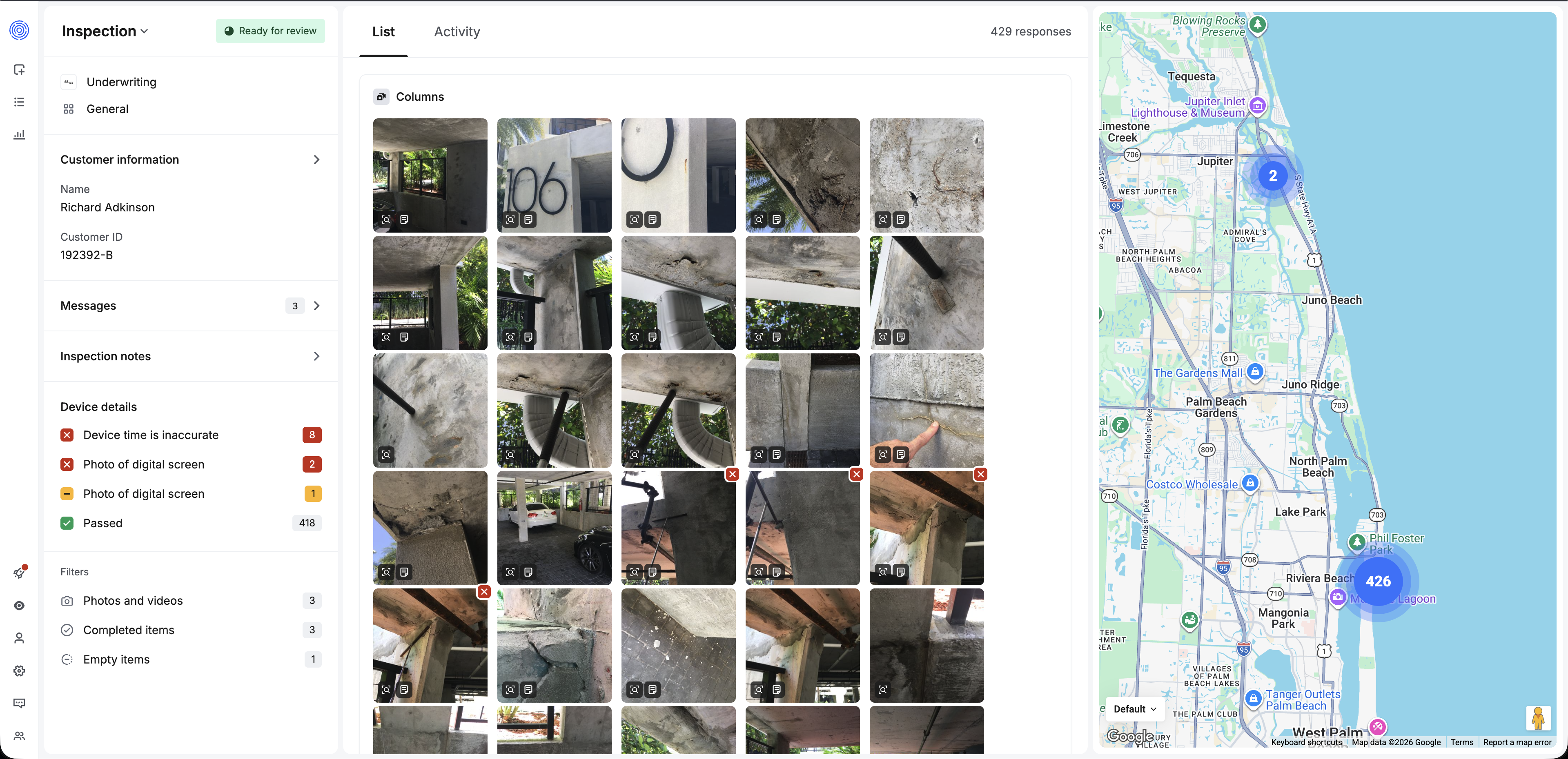 Vision Dashboard. Example of displaying the details of one inspection.