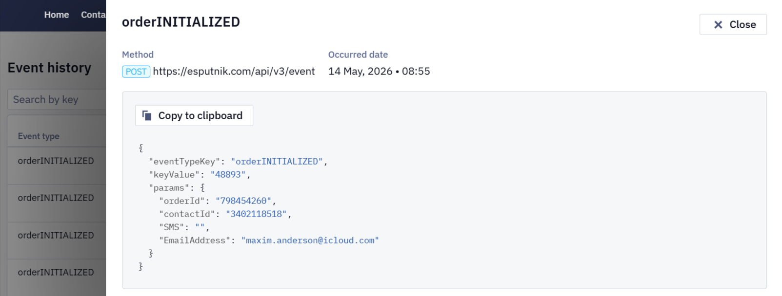 Event type details showing occurrence time and transmitted parameters