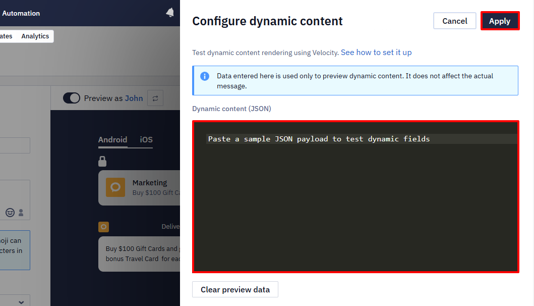 Configure dynamic content panel with JSON