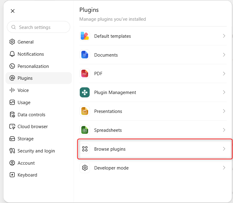 ChatGPT Plugins settings with Browse plugins highlighted