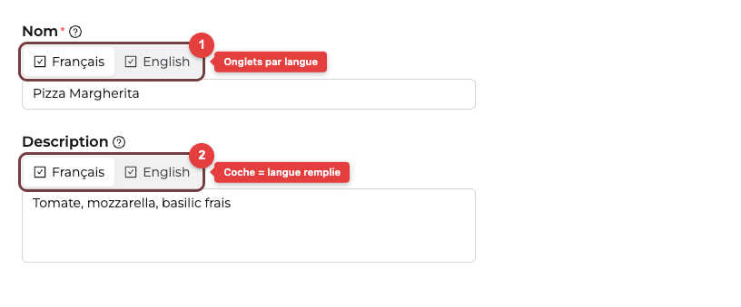Onglets de langue sur les champs Nom et Description d'un produit